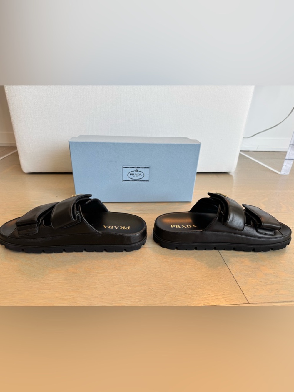 Prada Black Leather Double-Strap Logo Slide Sandals - Picture 6 of 7